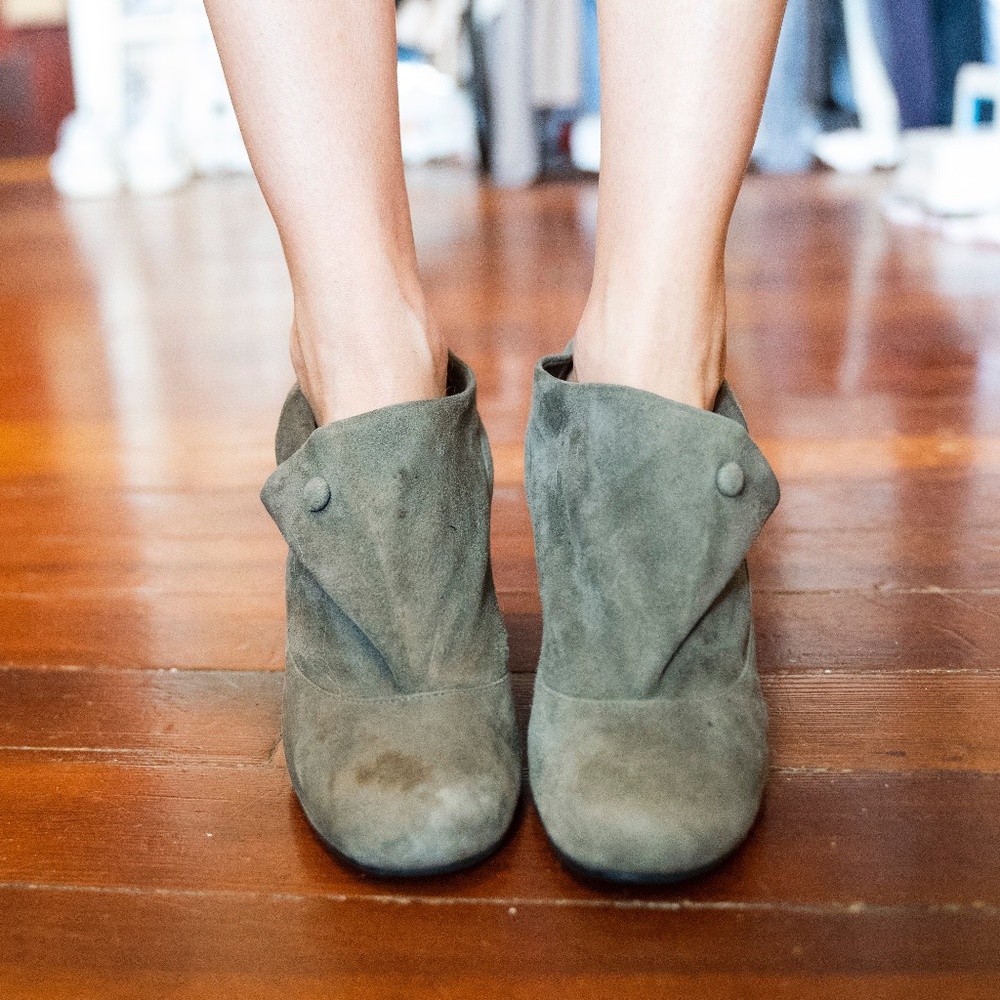 Me Too Grey Suede Ankle Bootie Heels